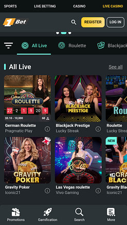 Casino móvil 1Bet con crupier en vivo