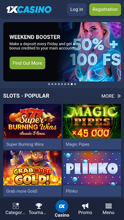 1xCasino Mobile Homepage