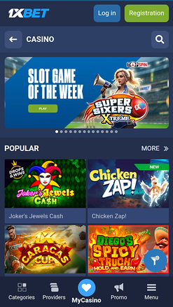 Página de inicio móvil de 1xBet Casino
