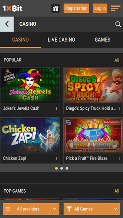 1xBit Casino Mobile Homepage