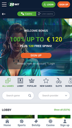 Página de inicio móvil de 20Bet Casino