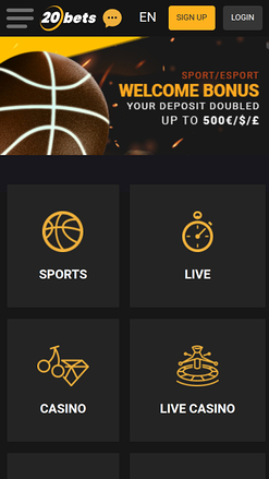 Homepage mobile di 20Bets Casino