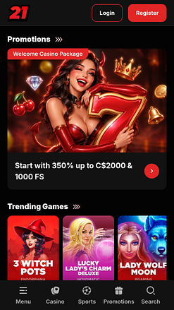 Page d'accueil mobile du casino 21.red
