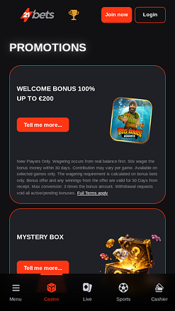 Promoções para dispositivos móveis em 21betscasino.com