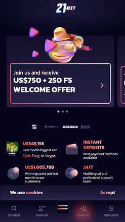 Page d'accueil mobile de 21Bit Casino
