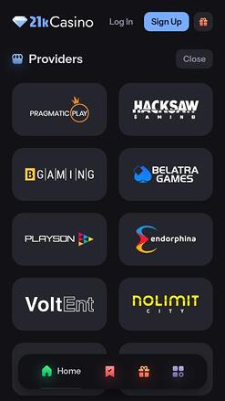 Page mobile des développeurs de jeux 21kCasino