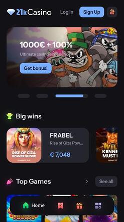 Page d'accueil mobile de 21kCasino