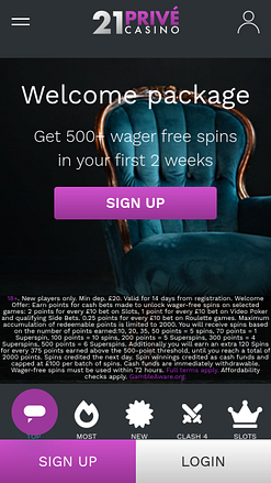 Pagina iniziale mobile di 21 Prive Casino
