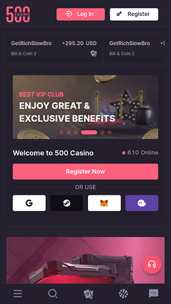 Page d'accueil mobile de 500 Casino