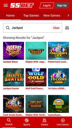 Jackpot mobile du casino 55Bet