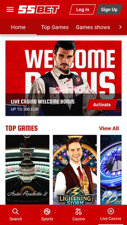Casino mobile 55Bet avec croupier en direct