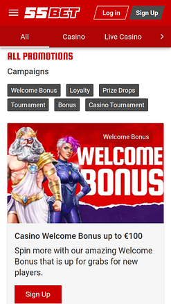 Promotions mobiles du casino 55Bet