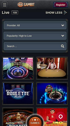 666 Gambit Casino live dealer mobile page 