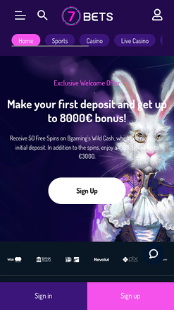 Página de inicio móvil de 7Bets Casino