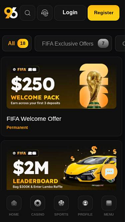 Screenshot della pagina mobile delle promozioni di 96 Casino
