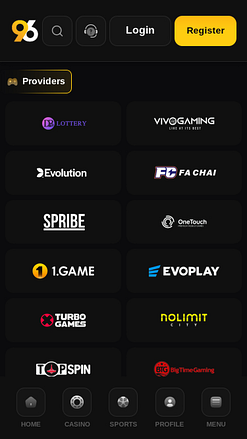 Screenshot della pagina mobile degli sviluppatori di giochi di 96 Casino