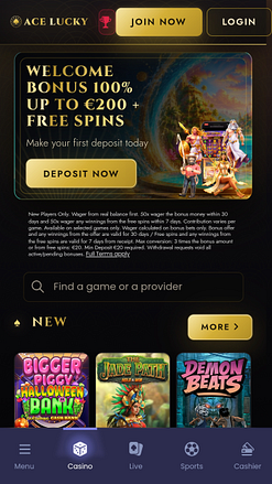 Page d'accueil mobile du casino Ace Lucky