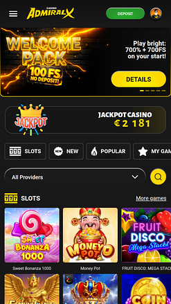 Page d'accueil mobile du casino Admiral X