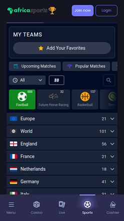 Apuestas deportivas móviles en AfricaSports Casino