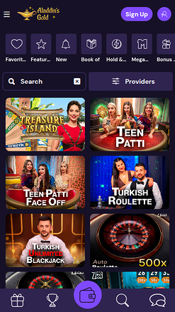 Capture d'écran du mode croupier en direct du casino Aladdins Gold pour mobile