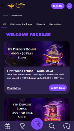 Capture d'écran des promotions du casino Aladdins Gold pour mobile