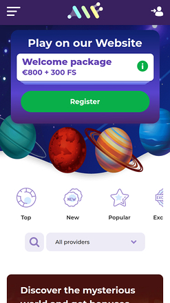 Page d'accueil mobile d'Alf Casino