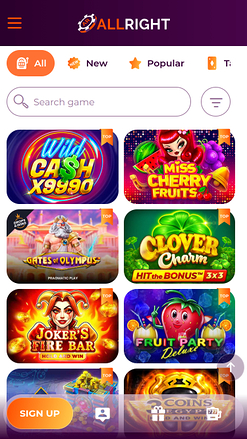 Jeux mobiles de All Right Casino