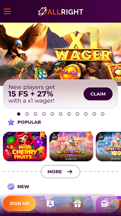 Page d'accueil mobile de All Right Casino