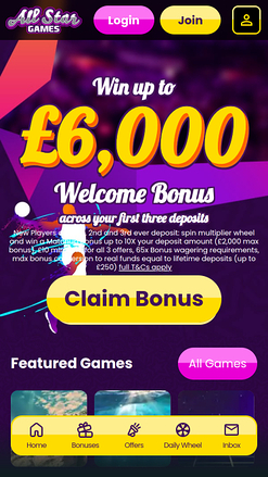 All Star Games Casino Mobile Homepage