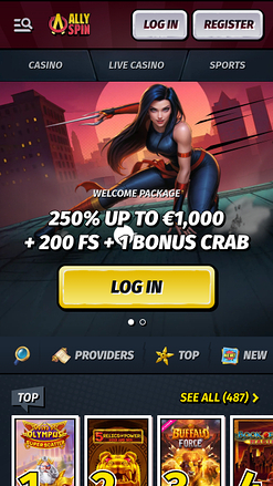 Page d'accueil mobile AllySpin Casino
