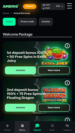 Promotions mobiles de Amerio.bet Casino