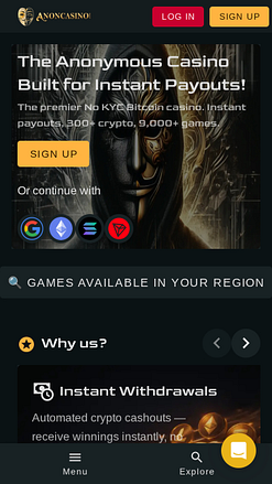 Image de la page d'accueil mobile d'un casino anonyme