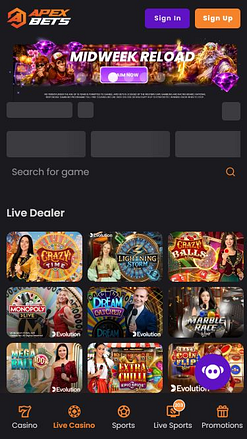 Casino mobile ApexBets avec croupier en direct