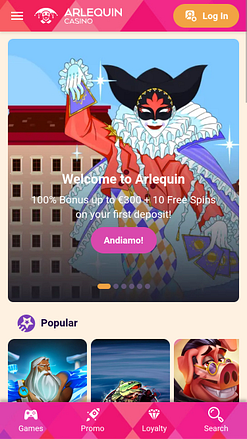 Página inicial do Arlequin Casino para dispositivos móveis