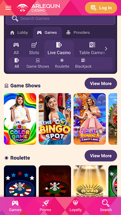 Cassino Arlequin Mobile com Dealer ao Vivo