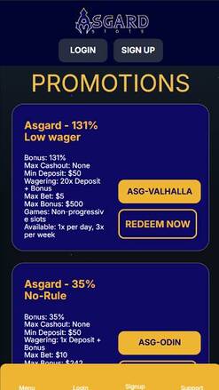 Promotions mobile page screenshot of Asgardslots Casino