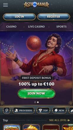 Mobile homepage screenshot of AstroMania Casino