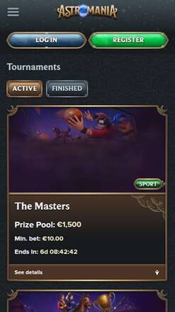 Tournaments mobile page screenshot of AstroMania Casino