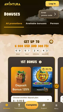 Page mobile des promotions du casino Awintura