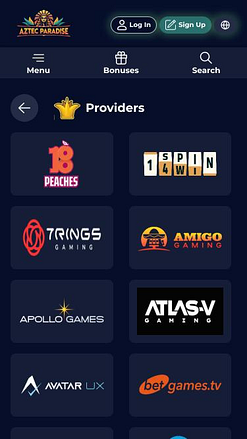 Página móvil de los desarrolladores del juego Aztec Paradise Casino