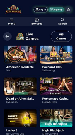 Página móvil del casino Aztec Paradise con crupier en vivo