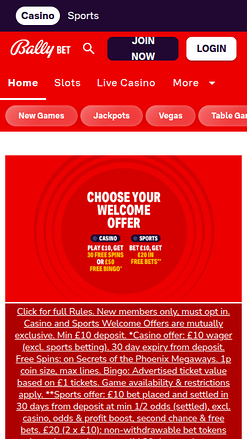 Page d'accueil mobile de Bally Casino