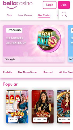 Page mobile des croupiers en direct de Bella Casino