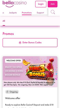 page mobile des promotions de Bella Casino