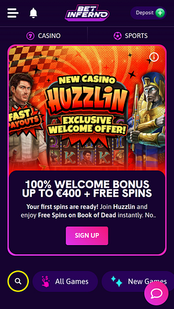Page d’accueil mobile de Bet Inferno Casino