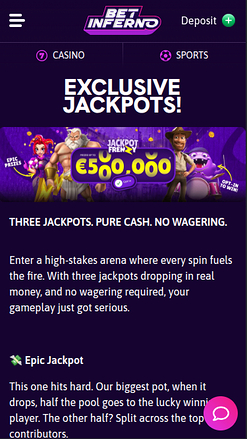 Jackpots de Bet Inferno Casino sur mobile