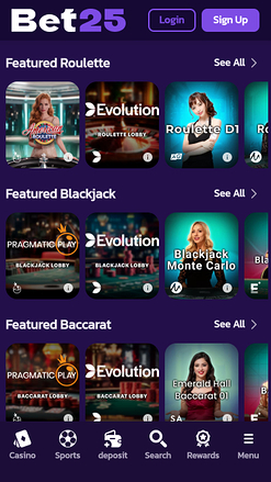 Casino Bet25 avec croupier en direct