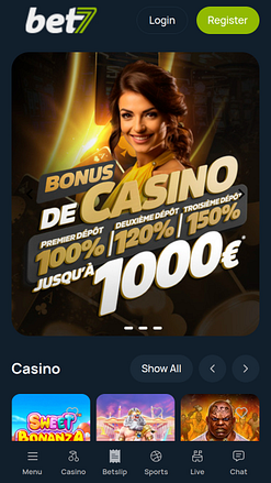 Page d'accueil du casino bet7 sur mobile