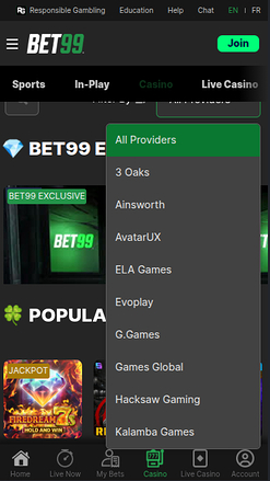 Desarrolladores de juegos móviles de Bet99 Casino