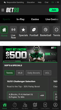 Página de inicio móvil de Bet99 Casino